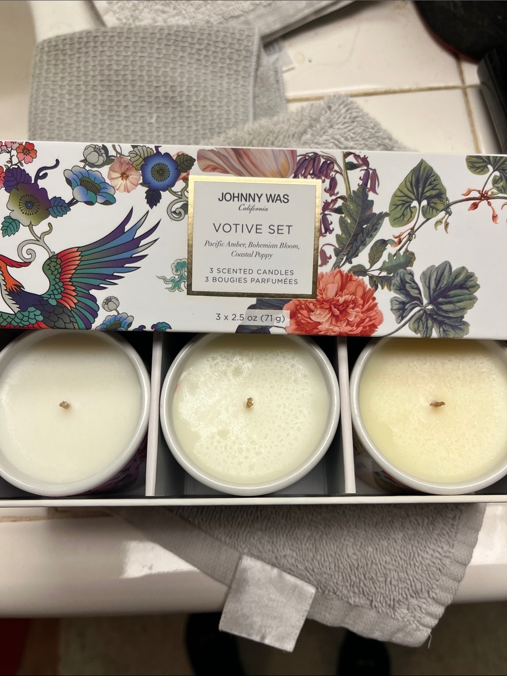 NIB Johnny Was Multicolor Floral & Bird Votive Candle Gift Set